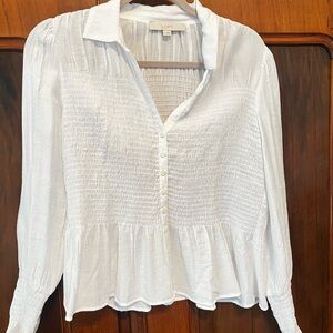 LOFT White Smocked Button-Up Blouse